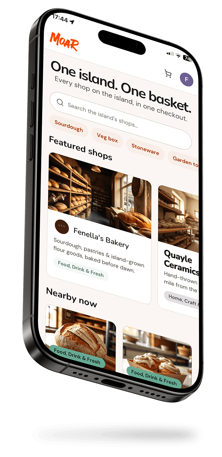 The Moar app home screen, showing products from several Isle of Man shops in one catalogue